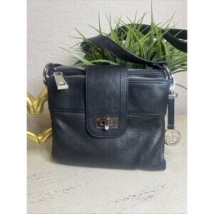 Audrey Brooke Classic Black Leather Organizer Crossbody Shoulder Handbag Purse